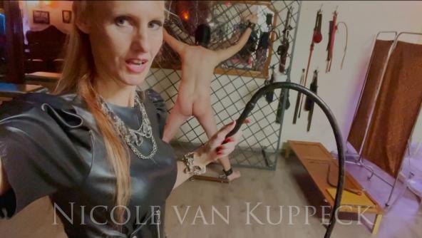 Sadistic singletail whipping - CFNM - corporal punishment Dominatrix Nicole van Kuppeck - bullwhip and leather dress.