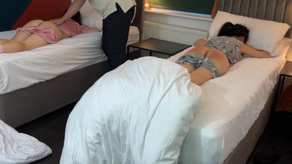 Bed, Now! - Daddy's patience runs out when Emma and Kinia will not go to bed. He soon sorts this out with a hand spanking and the paddle.